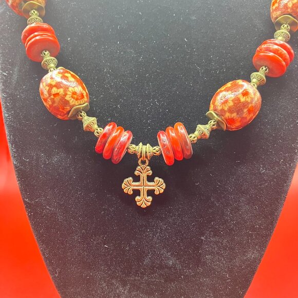 Jasper and Red Stone + Wood Beaded 31 inch Necklace Brand New - Picture 5 of 9